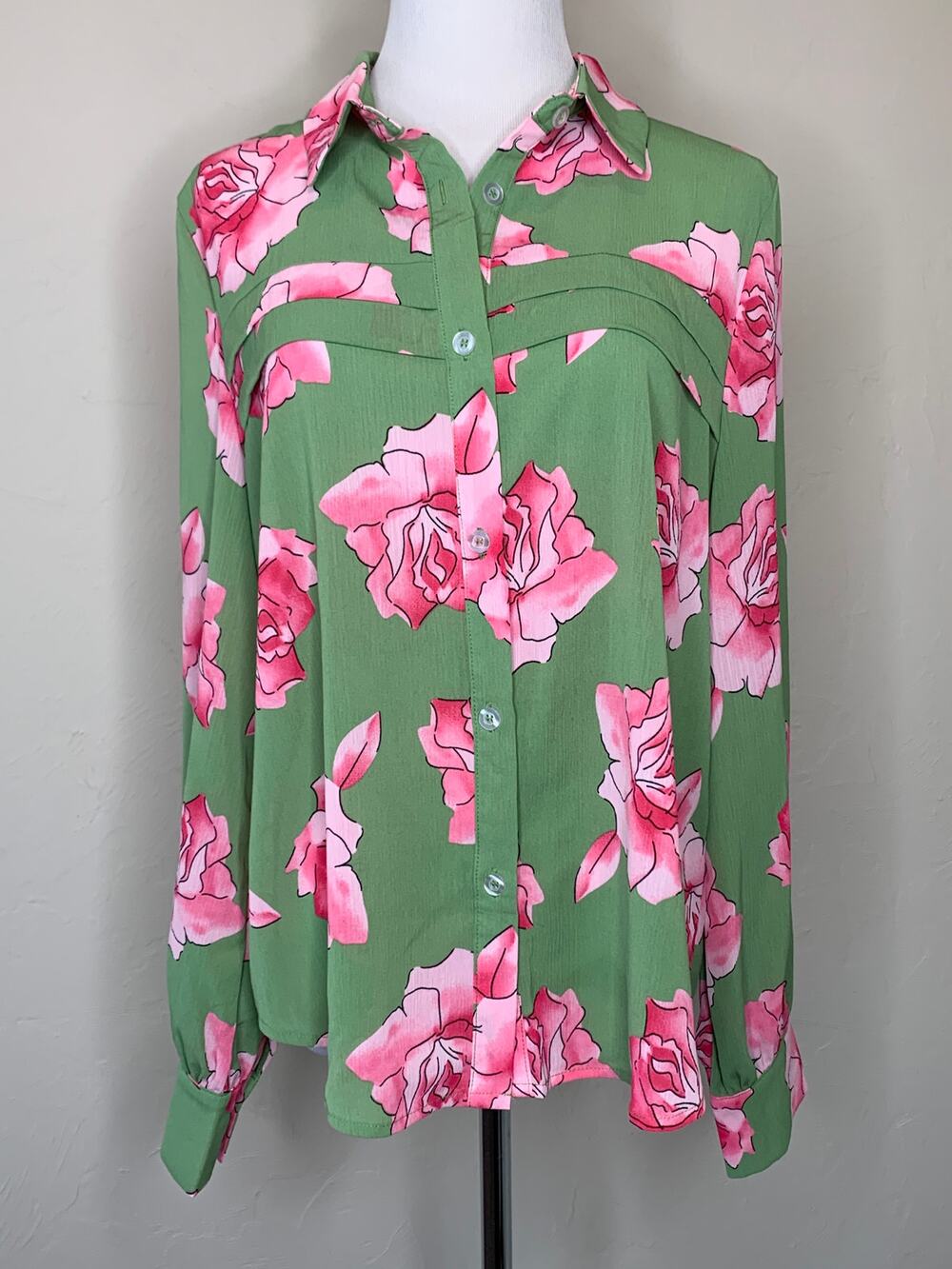 Green Pink Flowy Blouse Sz Large Preppy Career